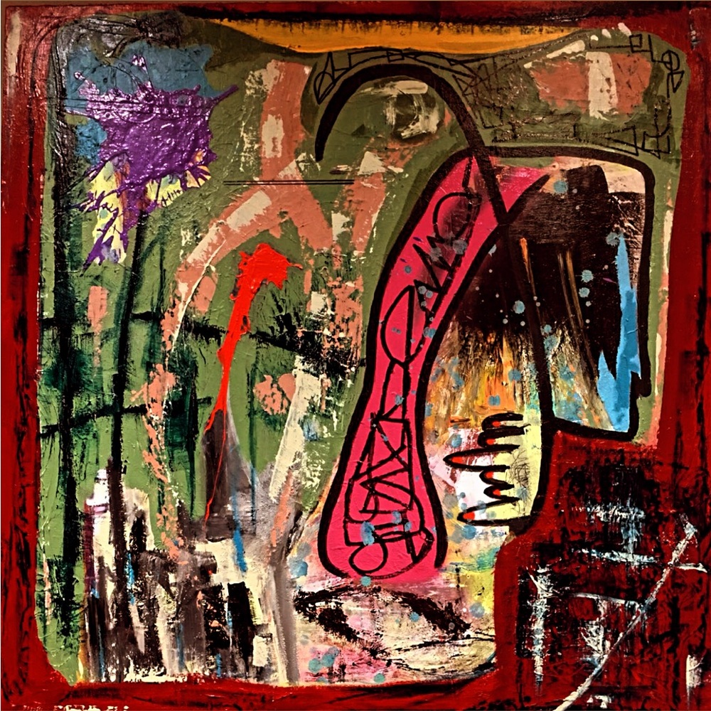 Abstract Canvas Art with Red and Green Accents